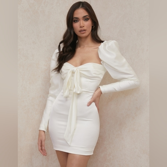 HOUSE OF CB 'Maia' Ivory Satin Puff Sleeve Mini Dress - Picture 5 of 12